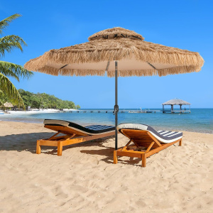Costway Ombrellone da spiaggia in stile hawaiano con luce centrale per giardino, Ombrellone di paglia hula solare Naturale+Nero