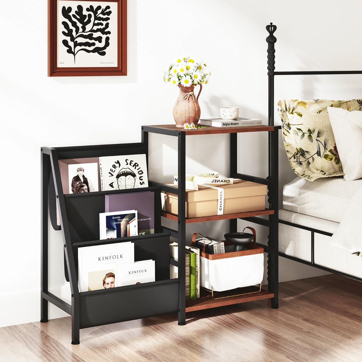 Costway Tavolino per giradischi di archiviazione e struttura in metallo, Supporto per giradischi per vinili Marrone Rustico