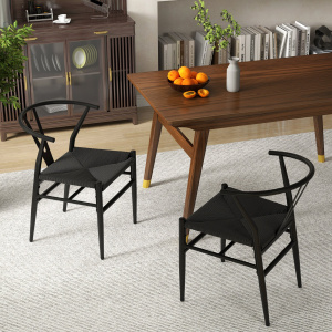 Costway Sedie da cucina con schienale a forma di Y e cuscino in rattan intrecciato, Sedie d’accento impilabili Nero