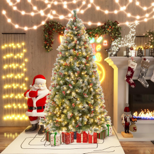 Costway Albero di Natale pre-illuminato da 195cm, Albero artificiale con cerniere luci LED 8 modalità di illuminazione