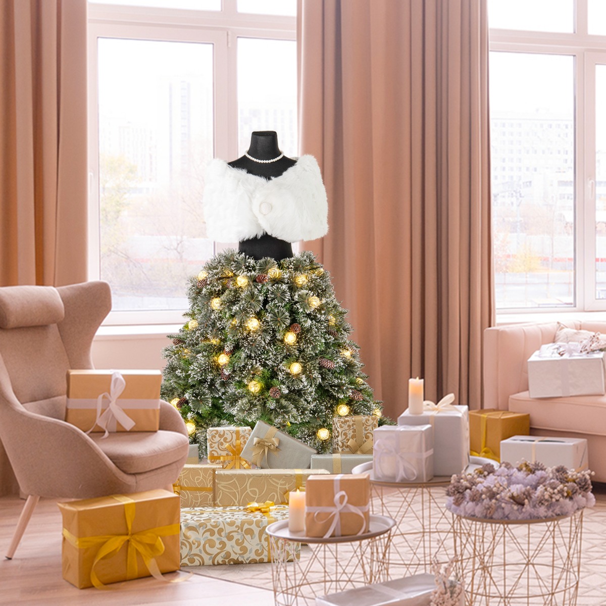Costway Albero di Natale artificiale con manichino pre-illuminato da 150cm, Albero di Natale a forma di abito con 50 luci a LED