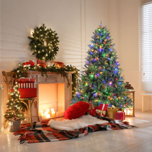 Costway Albero di Natale pre-illuminato con cerniera 844 punte di ramo luci LED multi-colori, Albero di Natale 180cm