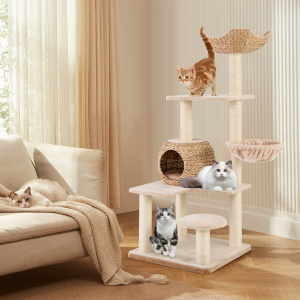 Costway Albero per gatti con posti per graffiare in sisal perch condo amaca morbida cuscini lavabili, Torre cattail da 150cm Beige
