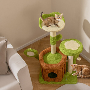 Costway Torre multilivello per gattini con condominio tronco e letto imbottito, Centro di attività da interno per animali Verde