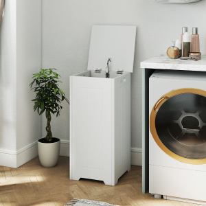Costway Cesto della biancheria 34 L con coperchio cerniera di metallo per bagno, Armadietto con grande capacità Bianco