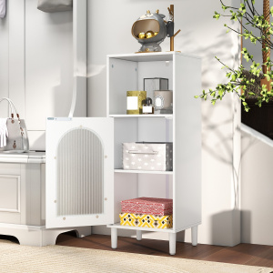 Costway Armadietto da bagno con anta in vetro temperato, Mobile laterale in legno con ripiano regolabile e kit anti-ribaltamento Bianco