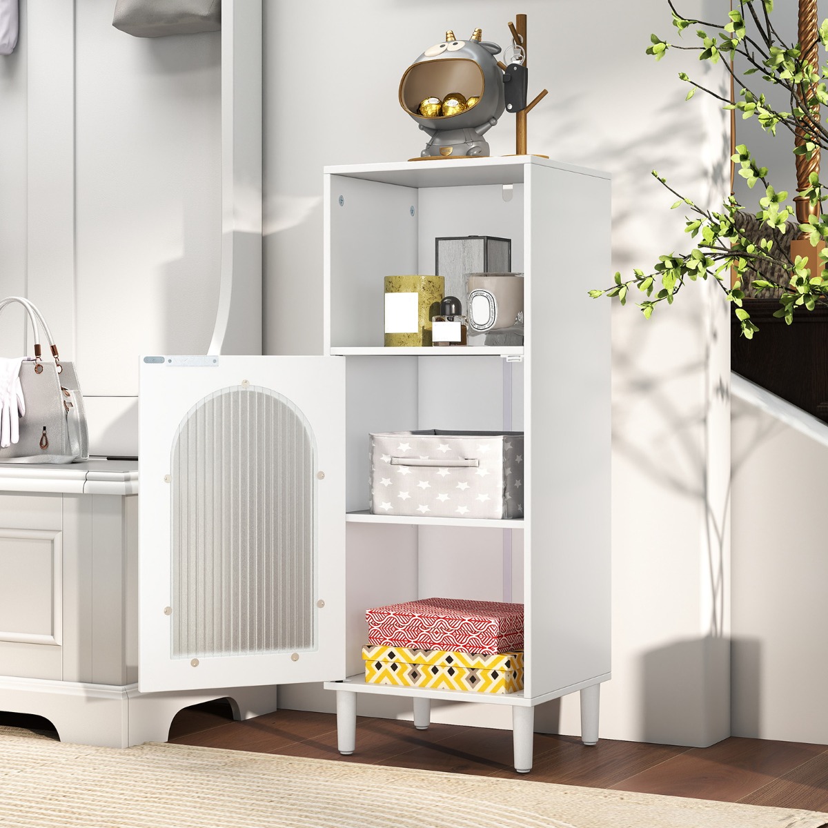 Costway Armadietto da bagno con anta in vetro temperato, Mobile laterale in legno con ripiano regolabile e kit anti-ribaltamento Bianco