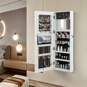 Costway Armadietto portagioie con specchio a LED da 120cm, Appendibile alla porta o da parete con specchio interno Bianco