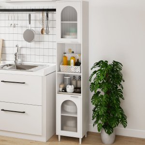 Costway Armadio alto da bagno con 2 ante in vetro scanalato, Armadio sottile autoportante con ripiani regolabili per cucina Bianco