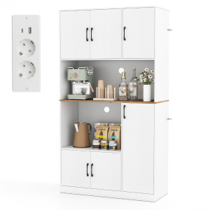 Costway Credenza autoportante con supporto per microonde sala da pranzo in legno per cucina, Armadio dispensa alto 180 cm con presa Bianco