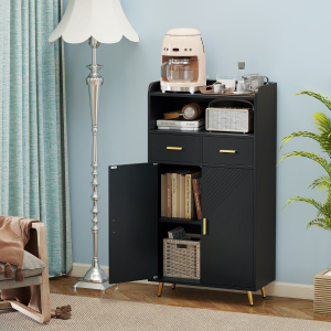 Costway Mobile dispensa 113 cm con ante 2 cassetti e ripiano regolabile per bagno, Armadio da cucina sala da pranzo soggiorno Nero
