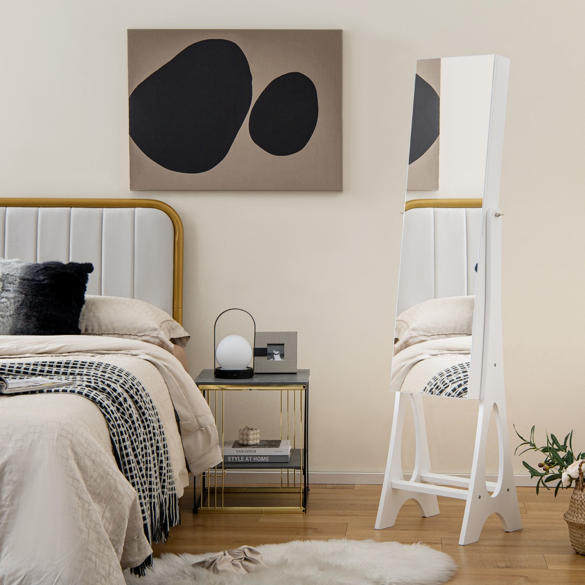 Costway Armadio portagioie con specchio indipendente, Armadietto per gioielli con luci LED incorporate e ripiano inferiore Bianco