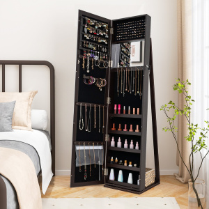 Costway Armadio portagioie 2 in 1 con 30 ganci per collane, Armadio porta gioielli con specchio interno Caffè