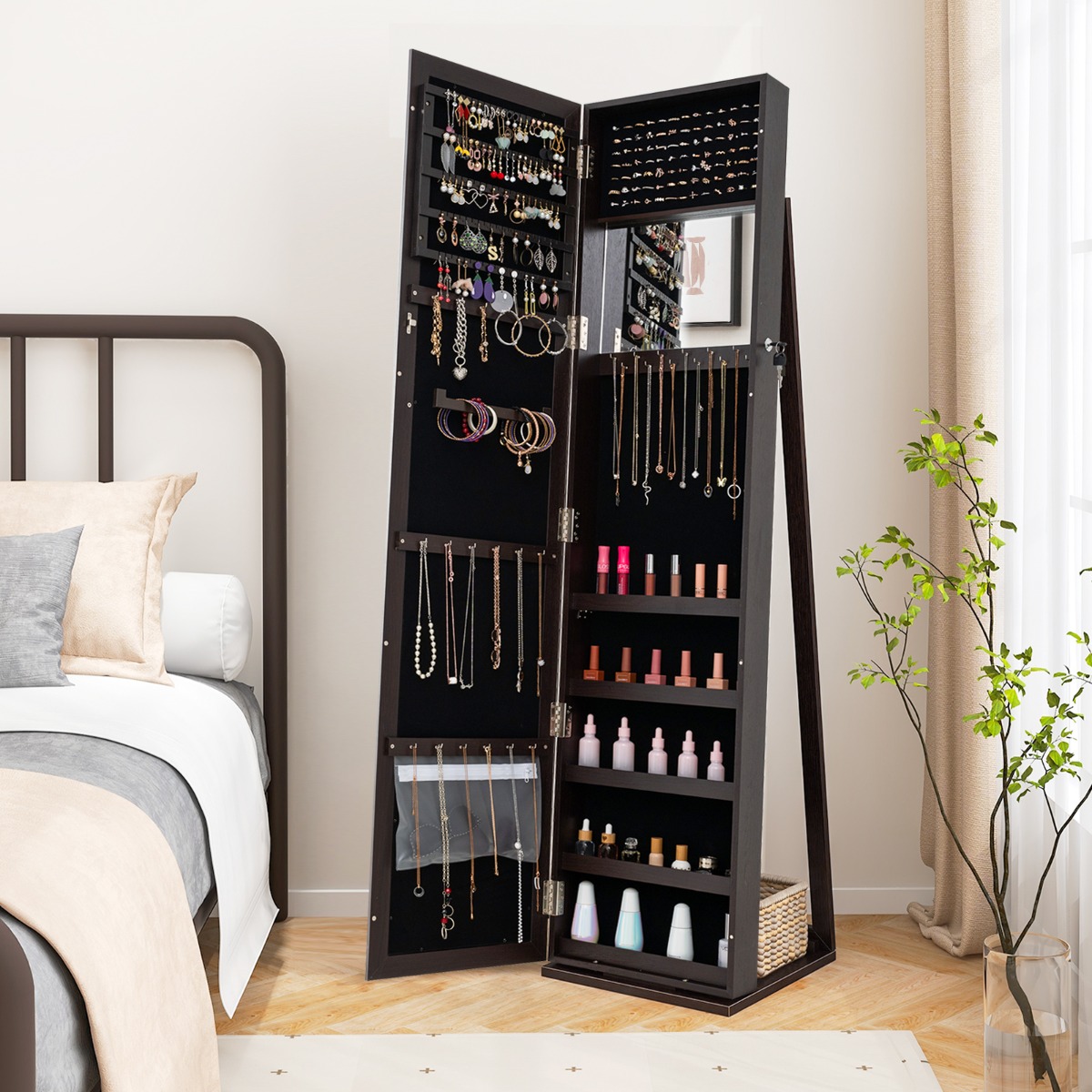 Costway Armadio portagioie 2 in 1 con 30 ganci per collane, Armadio porta gioielli con specchio interno Caffè
