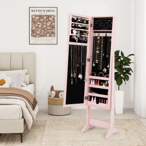 Costway Armadio portagioie regolabile in inclinazione con specchio a figura intera, Armadietto con specchio Rosa