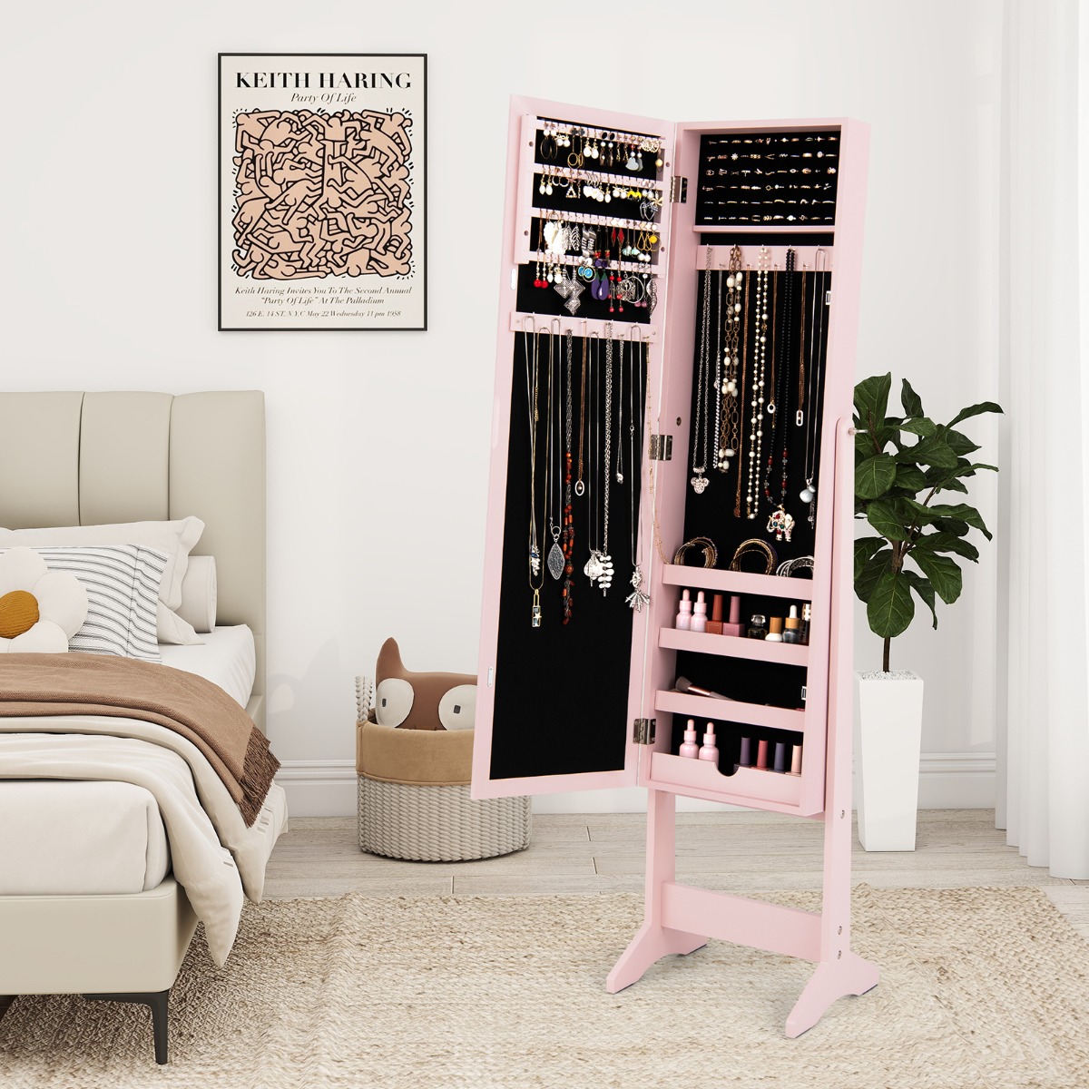 Costway Armadio portagioie regolabile in inclinazione con specchio a figura intera, Armadietto con specchio Rosa