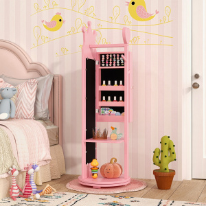 Costway Armadio portagioielli per bambini con base girevole e ampia capacità di archiviazione, Specchio a figura intera Rosa