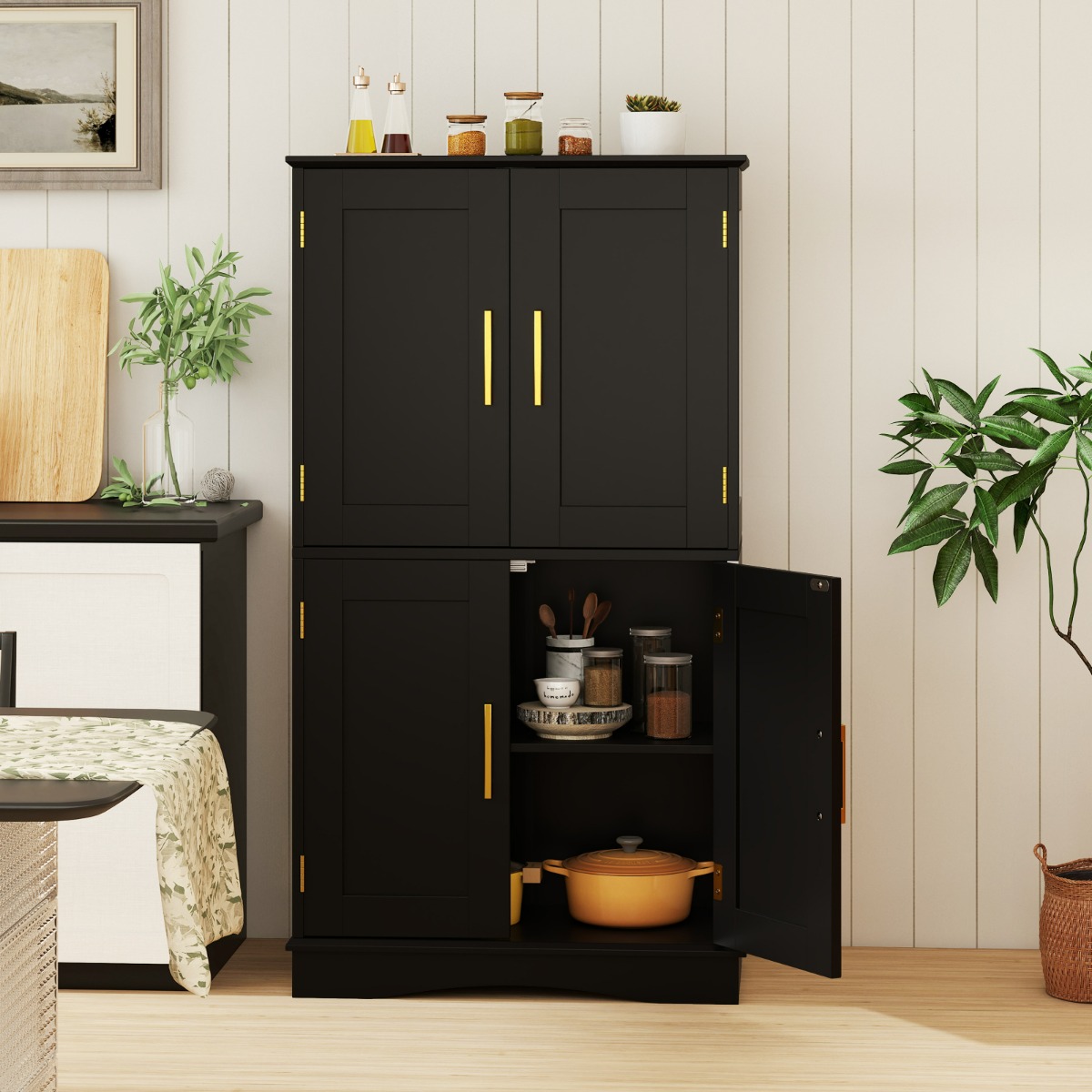 Costway Armadio portaoggetti da terra per bagno con 4 ante e 2 ripiani regolabili, Credenza per cucina e soggiorno Nero