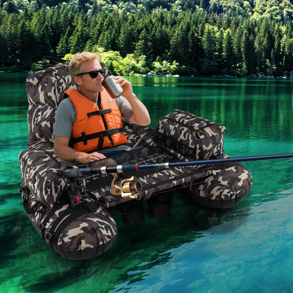 Costway Barca da pesca portatile con spallacci pompa manuale per canna da pesca, Galleggiante da pesca gonfiabile Verde