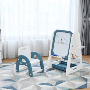 Costway Cavalletto per dipingere 2 in 1 per bambini, Lavagna double face e libreria per bambini con sedia, Blu