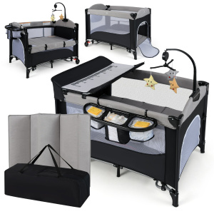 Costway Box per bambini 6-in-1 da viaggio con fasciatoio e materasso, Lettino pieghevole per bambini fino a 15 kg Grigio chiaro