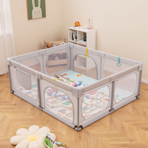 Costway Box per bambini con materassino 4 anelli e 50 palline colorate, Recinto per bambini grande 189x158cm Grigio chiaro