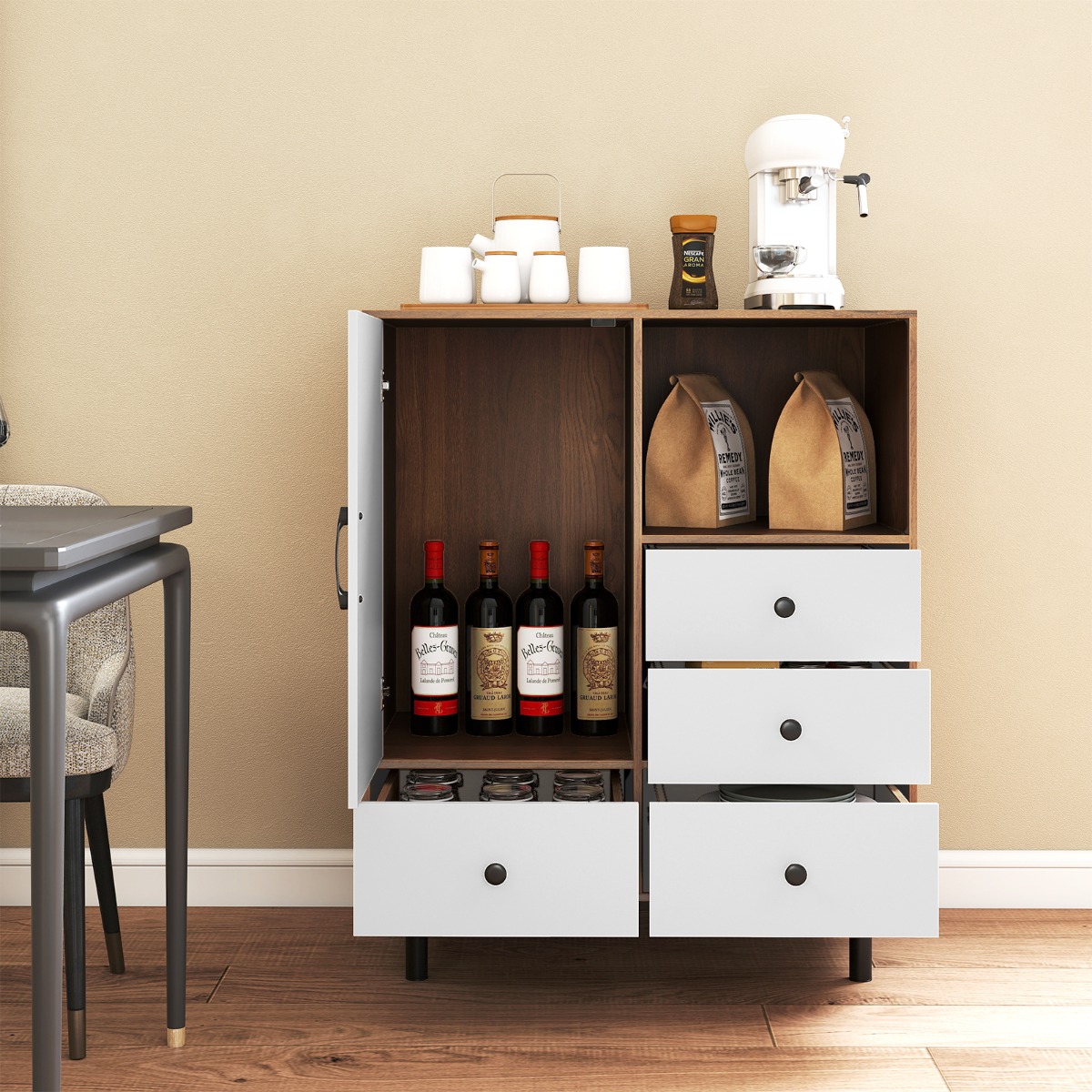 Costway Mobile contenitore moderno metà secolo con 4 cassetti e scomparto aperto, Buffet sideboard in metallo robuste per soggiorno Bianco