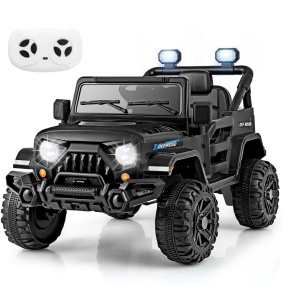 Costway Camion elettrico per bambini 3+ anni 12V con telecomando ruote a scolpitura 3 velocità, Giocattolo a batteria Nero