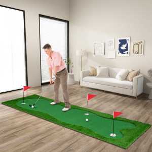 Costway Campo da golf per l’allenamento con erba artificiale realistica 3 buche 3 bandierine, Tappetino professionale 300x100cm