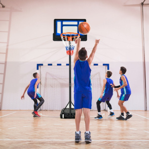 Costway Canestro per bambini regolabile in altezza con incavo per pallone, Canestro basket portatile con ruote Blu
