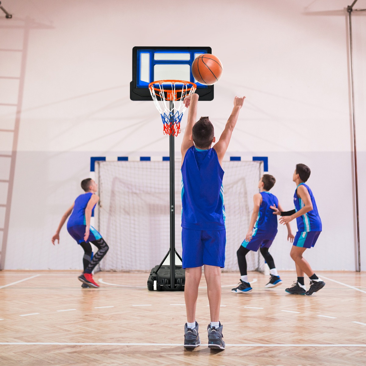 Costway Canestro per bambini regolabile in altezza con incavo per pallone, Canestro basket portatile con ruote Blu