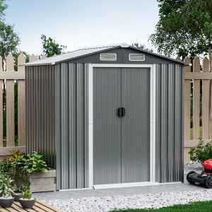 Costway Capanno resistente alle intemperie porte scorrevoli con serratura, Capanno da giardino 196x142cm di attrezzi Grigio scuro