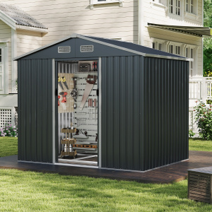 Costway Ampio portattrezzi con tetto spiovente e porte scorrevoli base a pavimento, Capanno da giardino esterno 4 prese d’aria Grigio scuro
