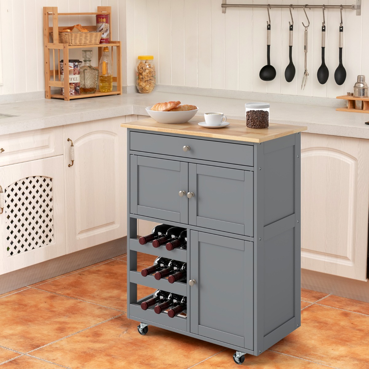 Costway Carrello da cucina con portabottiglie a 3 livelli e cassetto, Isola da cucina con superficie in legno Grigio
