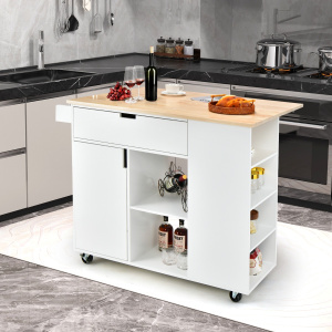 Costway Carrello su ruote bloccabili con piano in legno di gomma cassetto, Isola da cucina a foglia a goccia Bianco