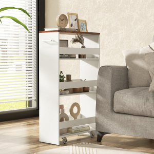 Costway Carrello sottile da 20cm con ruote e ripiani aperti, Carrello utilitario estraibile da cucina a 4 ripiani Bianco