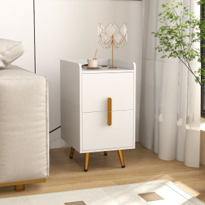 Costway Comodino con stazione di ricarica 2 cassetti, Tavolini da letto divano con gambe in metallo 2 porte USB e 3 prese Bianco