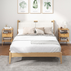 Costway Set di 2 comodini multiuso in bambù con cassetto portaoggetti e scaffale a doghe, Tavolini moderno a 3 livelli Naturale