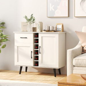 Costway Credenza buffet con cubi per vino da 6 bottiglie, Armadio da bar moderno con cassetto per cucina e soggiorno Bianco