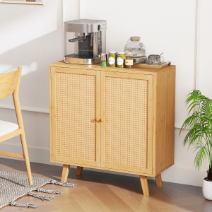 Costway Credenza buffet in bambù mobile da salotto in stile boho con ante in rattan PE, Mobiletto da cucina autonomo Naturale