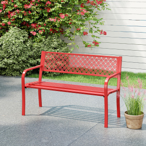 Costway Panca da giardino da 127 cm per esterni panca in metallo, Schienale motivo geometrico Rosso
