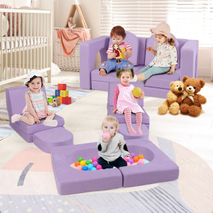 Costway Divano giocattolo per bambini a 8 pezzi con coperture lavabili, Set di gioco modulare convertibile in schiuma Viola