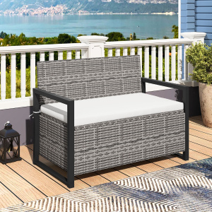 Costway Divano in vimini con spazio di stoccaggio integrato e lunga cuscineria, Panca da giardino Grigio
