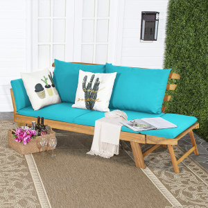 Costway Divano letto convertibile in legno d’acacia con braccioli regolabili cuscini, Chaise longue da esterno Verde chiaro