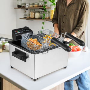 Costway Pentola per frittura in acciaio inossidabile con 3 cestelli con finestra di visualizzazione, Friggitrice elettrica 2000W per uso Argento
