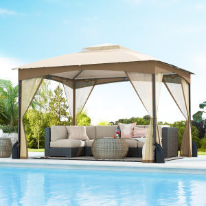 Costway Gazebo da patio tetto morbido a doppia copertura con 4 sacchetti di sabbia, Gazebo da patio 3 x 3,6 m per prato giardino all’aperto Sabbia