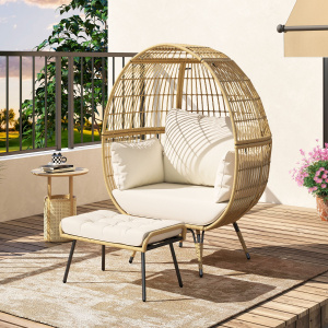 Costway Poltrona a uovo set da due pezzi in rattan patio cuscini morbidi, Poltrona a uovo sovradimensionata con pouf Marrone