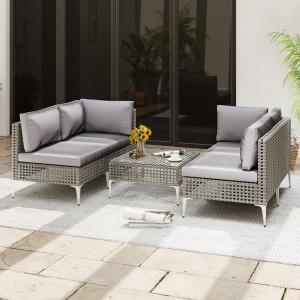 Costway Sedie da giardino in rattan con tavolino da caffè in vetro temperato per cortile, Divano modulare in vimini con cuscini Grigio misto
