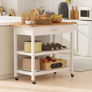 Costway Carrello di servizio a 3 livelli con piano in legno e 2 ripiani aperti, Isola da cucina con spazio di archiviazione Bianco