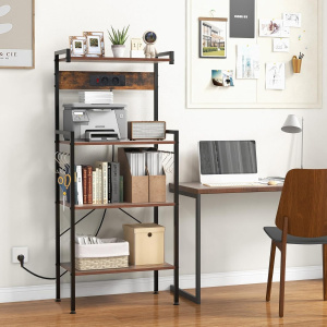 Costway Scaffale da cucina con prese di corrente, Supporto per microonde a 4 livelli con 8 ganci a S Marrone rustico